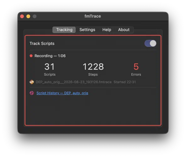 The fmTrace panel inside FileMaker Pro: a Track Scripts switch turned on, a red recording indicator at 1 minute 6 seconds, and live counts of 31 scripts, 1,228 steps and 5 errors.