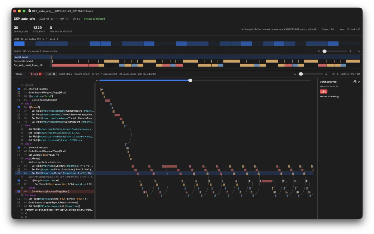 The fmTrace viewer: 30 script runs and 1,229 steps on a timeline, a script's steps with control-flow arcs drawn over them, and an inspector showing error 101, Record is missing.